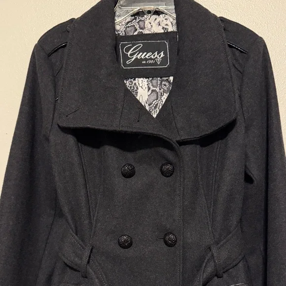 GUESS Black Charcoal Double-Breasted Belted Trench Coat - Picture 3 of 8